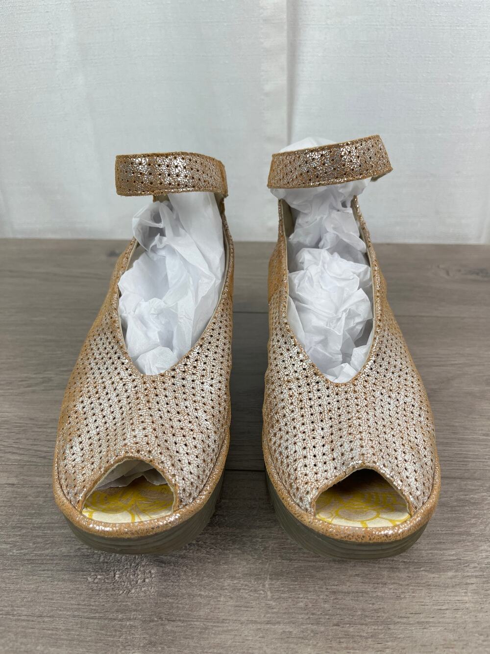 Fly London Gold Perforated Leather Yala Wedge Sandal Sz.40/US 9